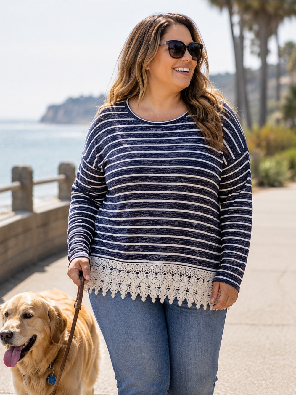 Rewind XL Navy White Striped Knit Top Crochet Lace Hem Boho Long Sleeve